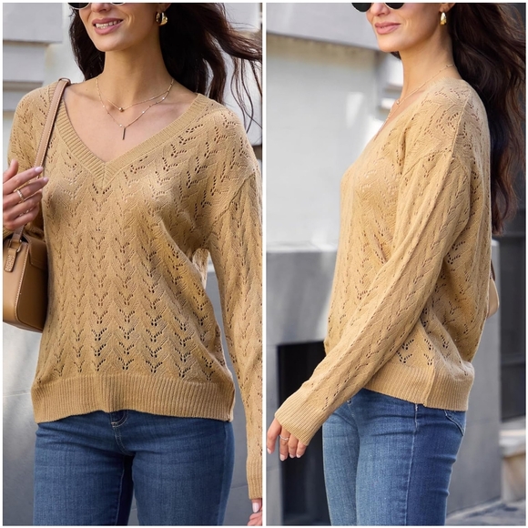 NWT Cupshe Brown Beige Pointelle V Knit Crochet Long Light Spring Sweater S - Picture 3 of 13